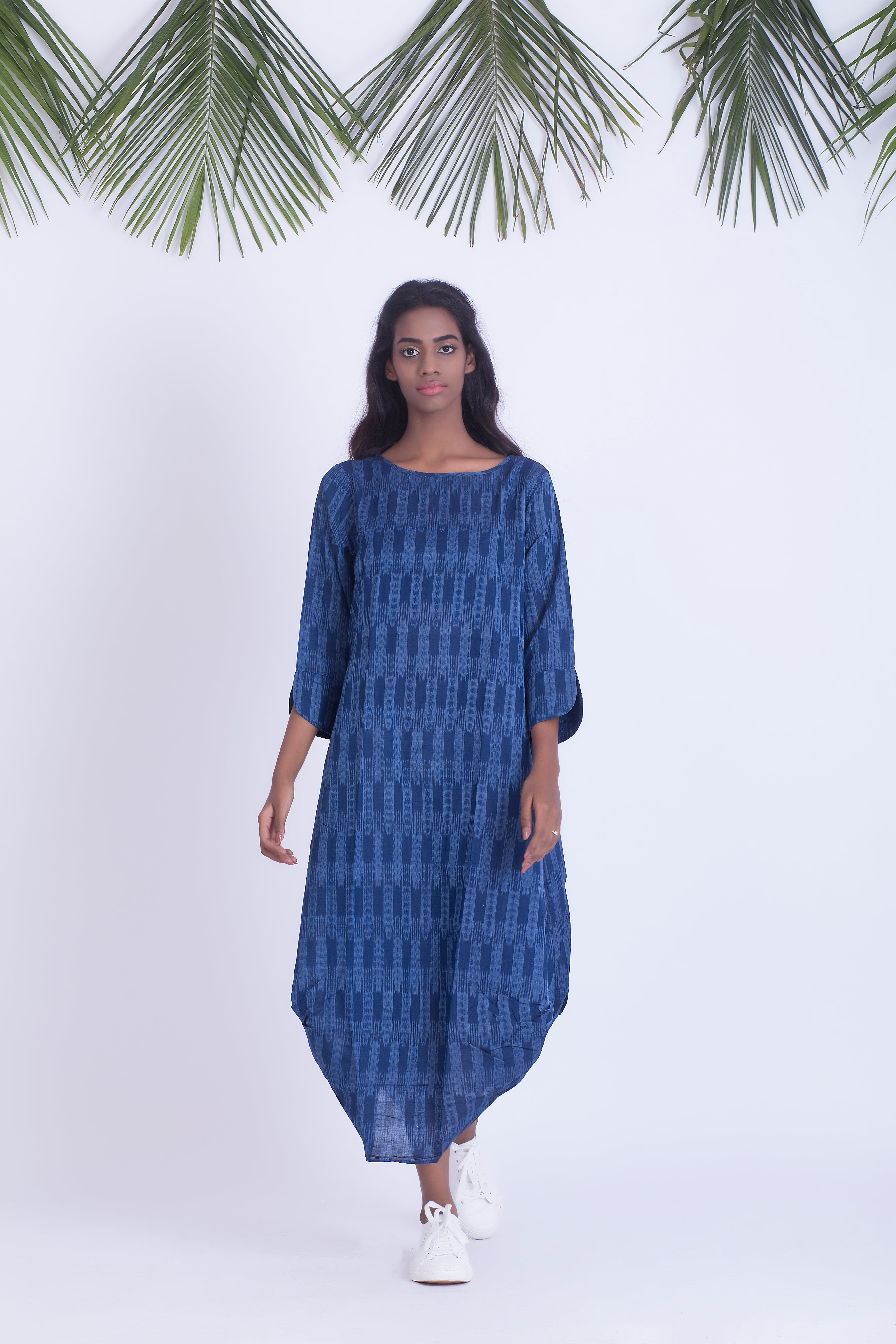 Blue handwoven ikat cowl dress