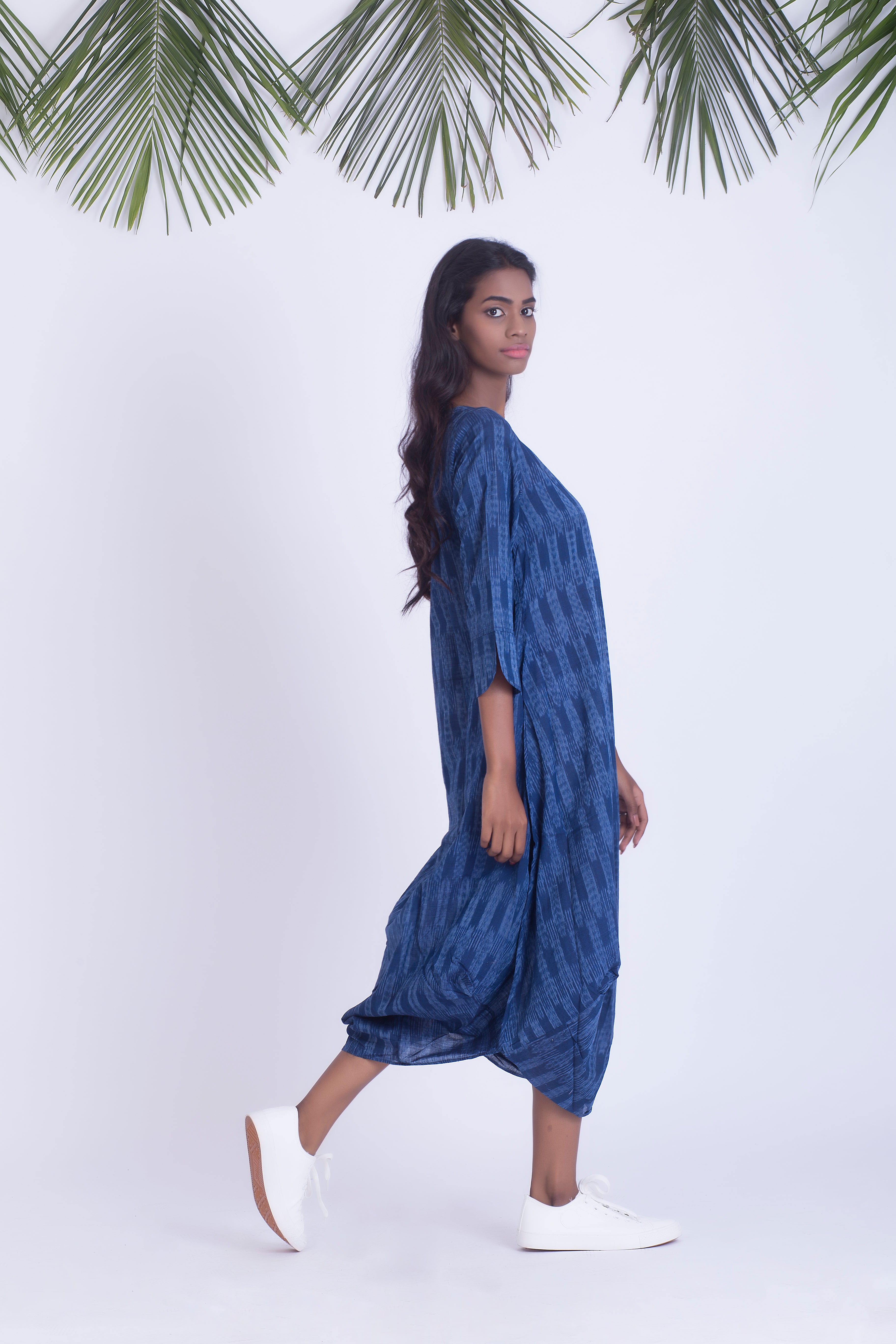 Blue handwoven ikat cowl dress