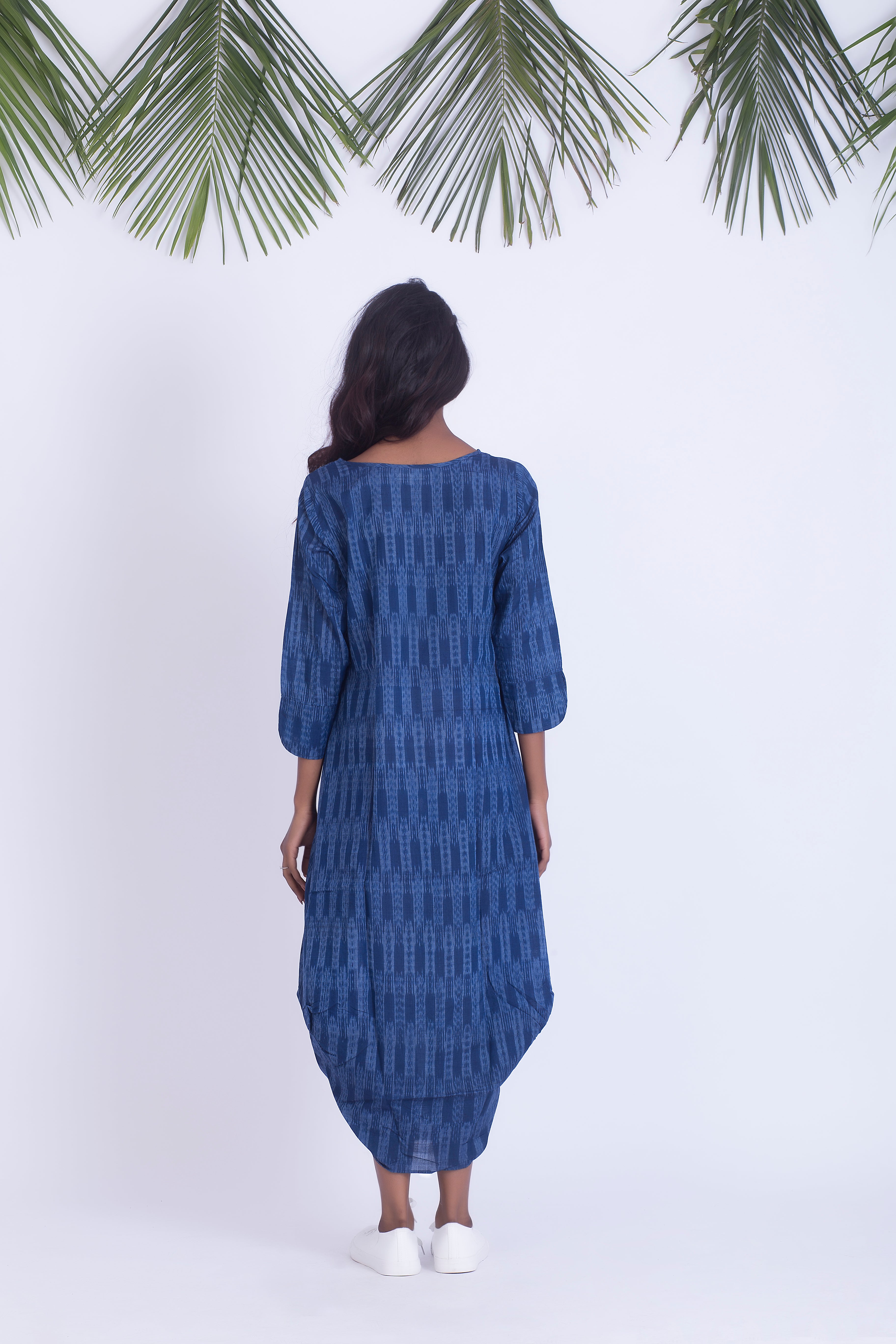 Blue handwoven ikat cowl dress