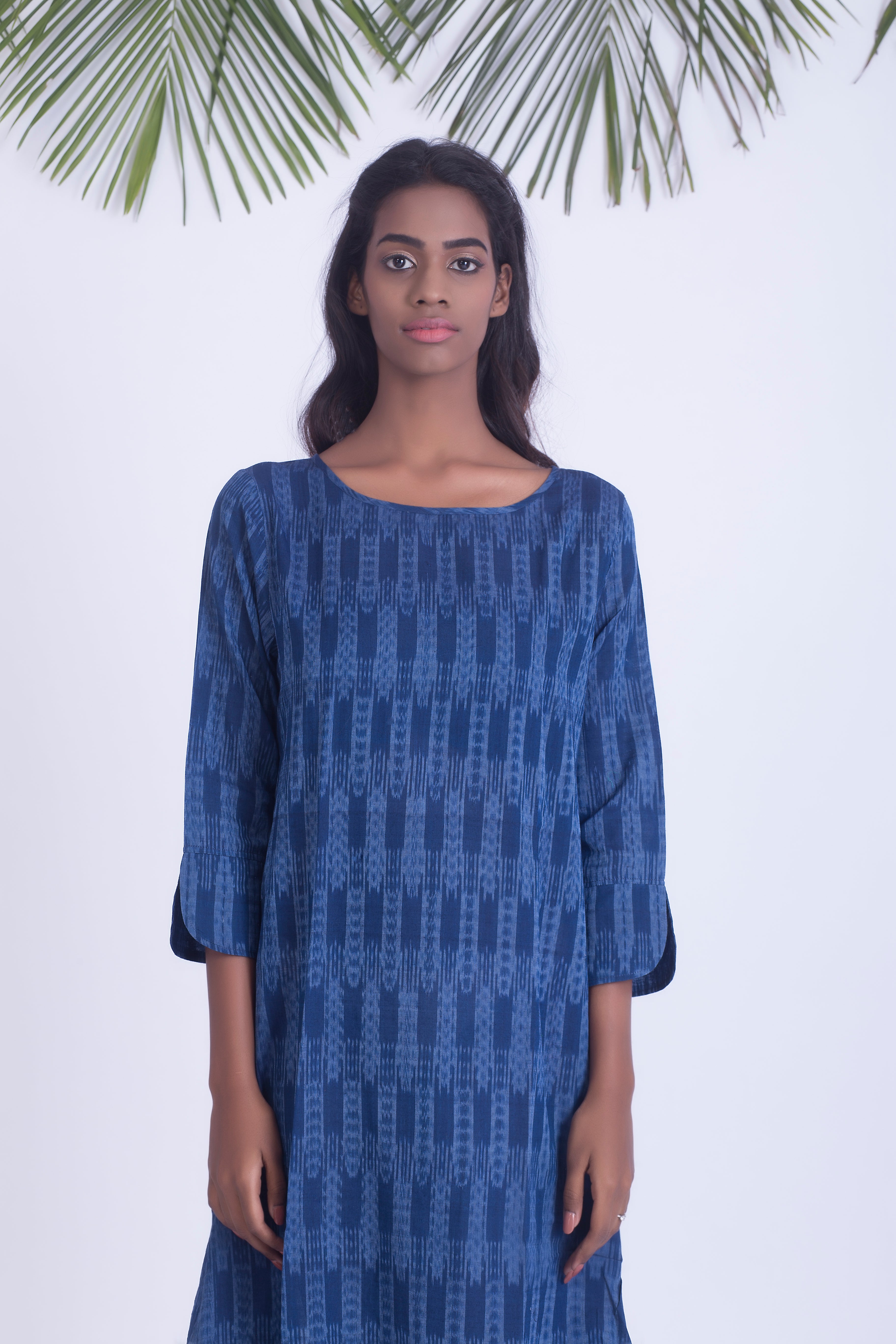 Blue handwoven ikat cowl dress