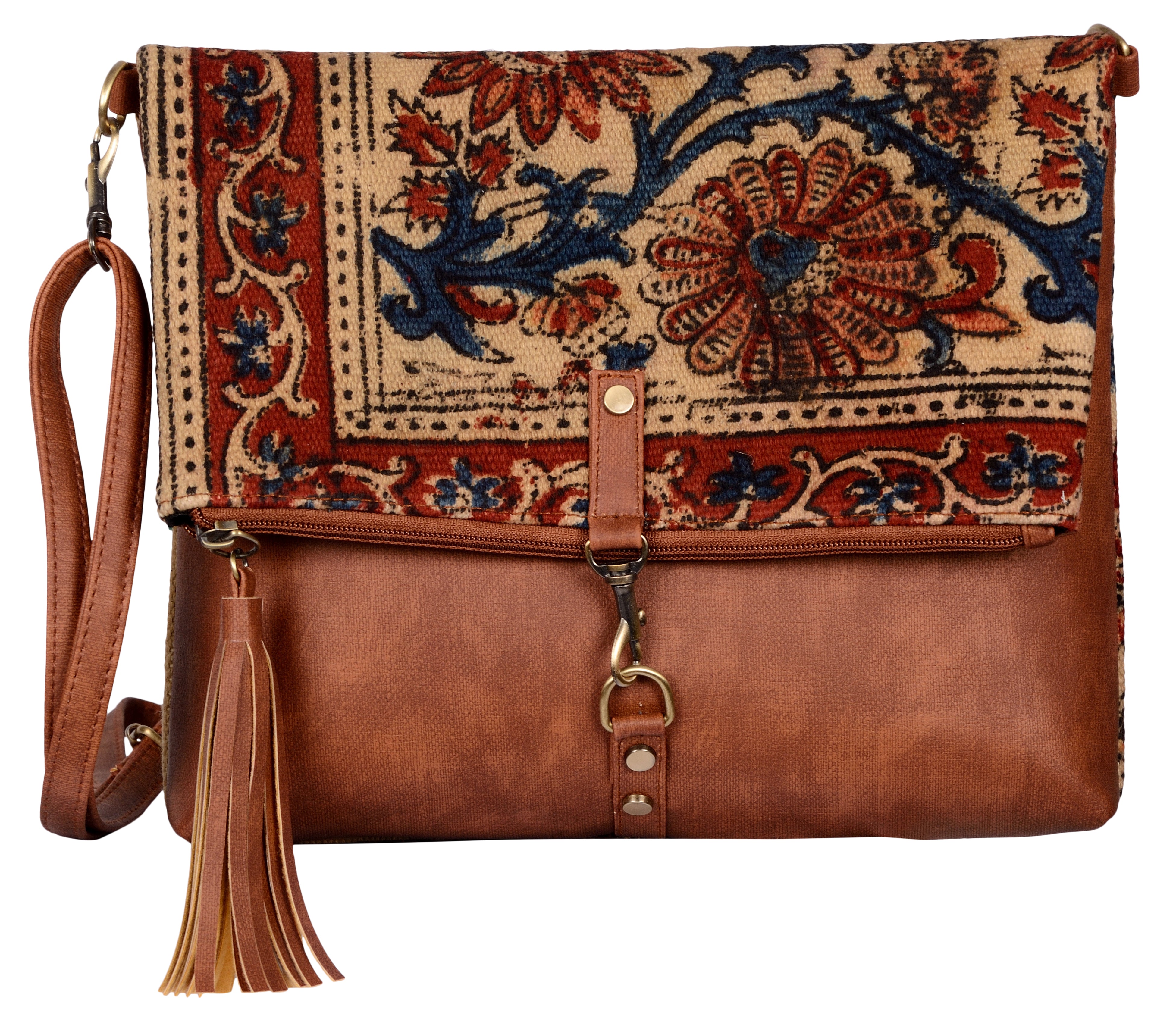 Kalamkari Kilim and Vegan Leather Foldover Clutch cum Sling Bag