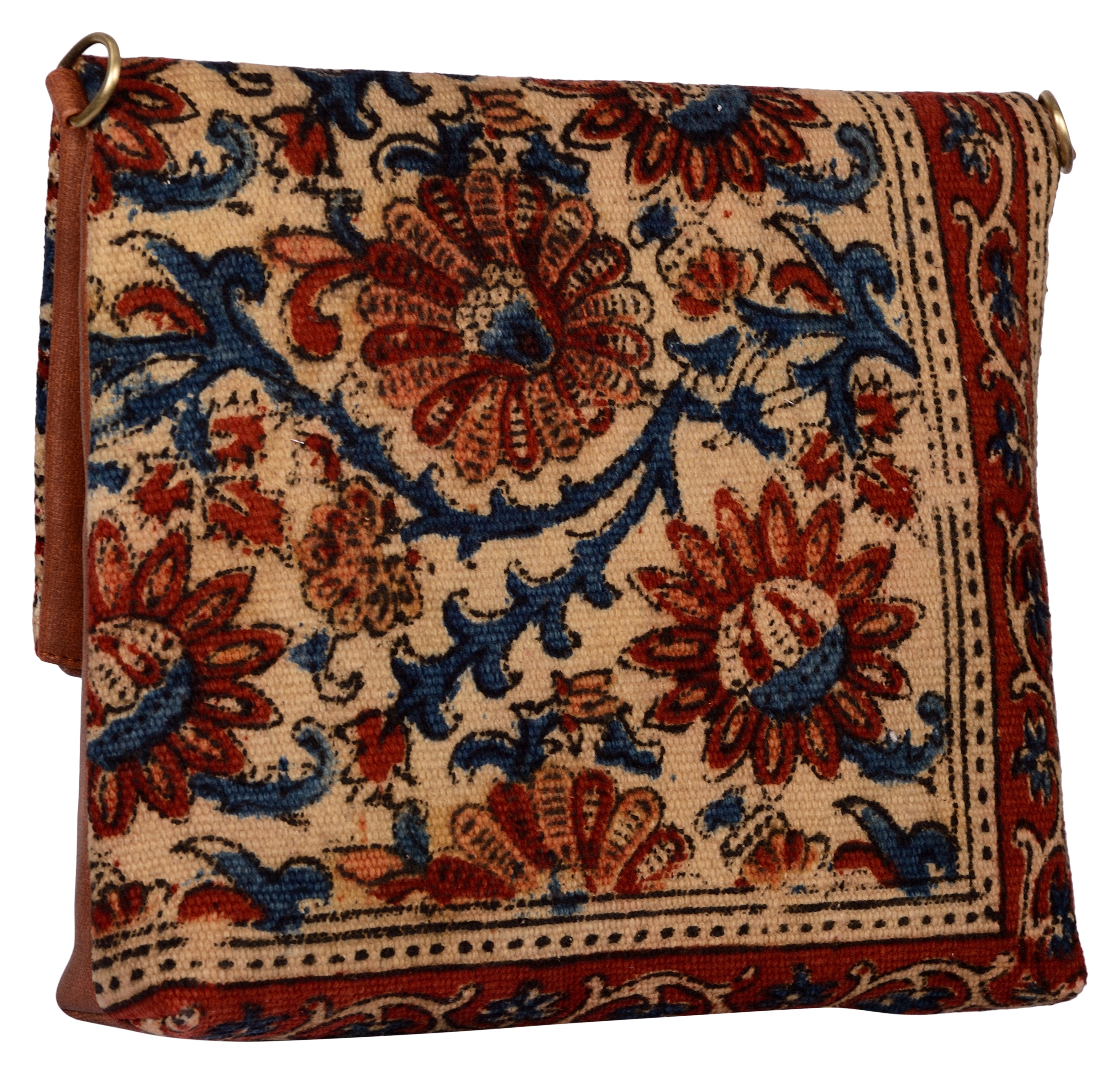 Kalamkari Kilim and Vegan Leather Foldover Clutch cum Sling Bag