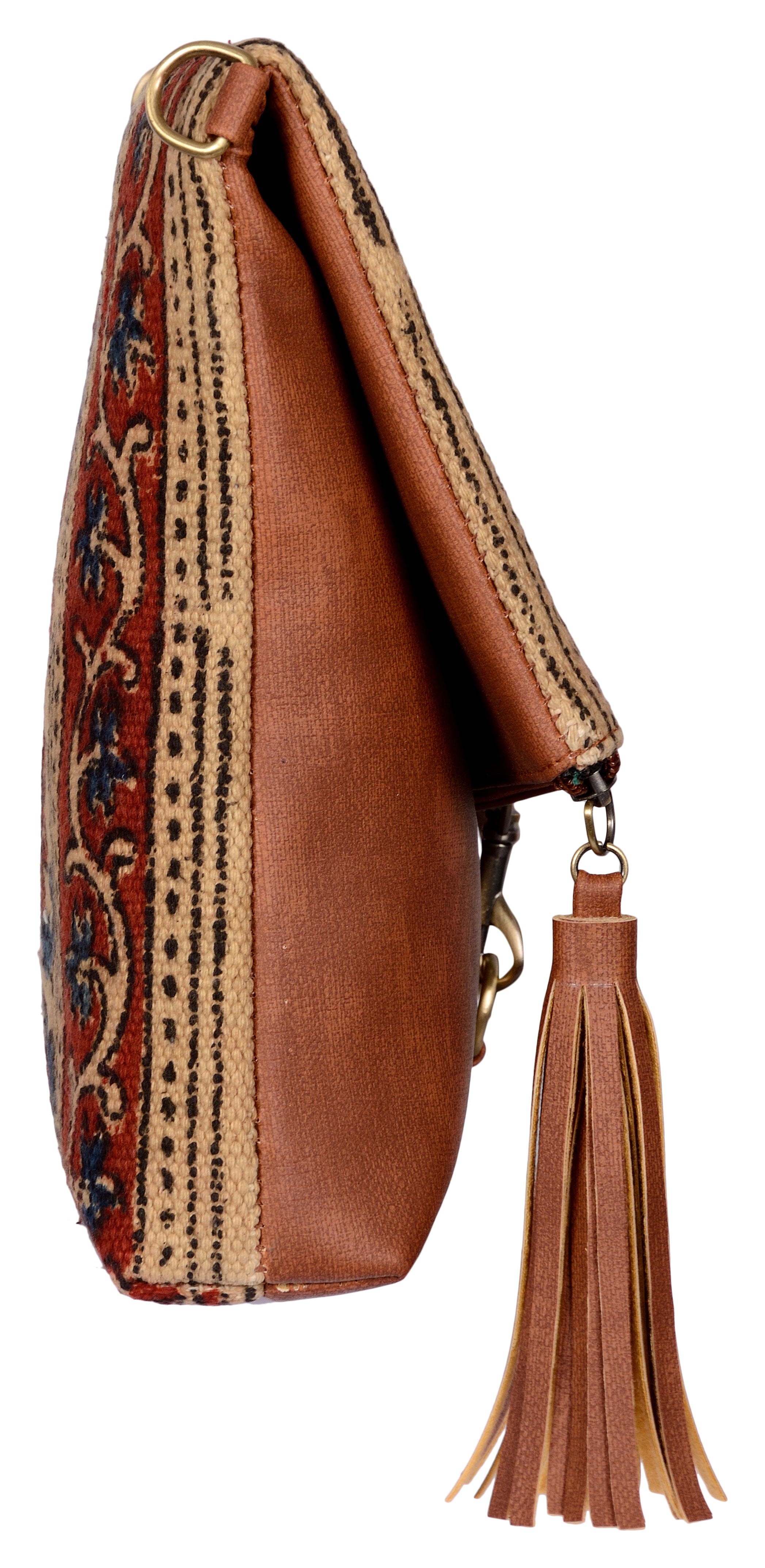 Kalamkari Kilim and Vegan Leather Foldover Clutch cum Sling Bag
