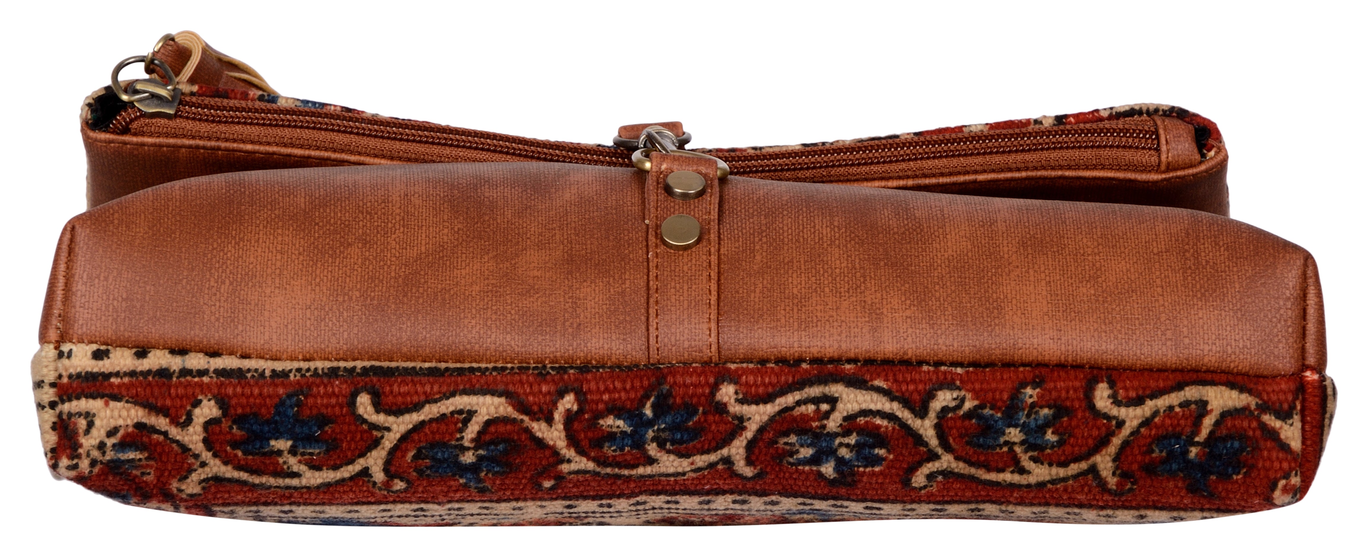 Kalamkari Kilim and Vegan Leather Foldover Clutch cum Sling Bag