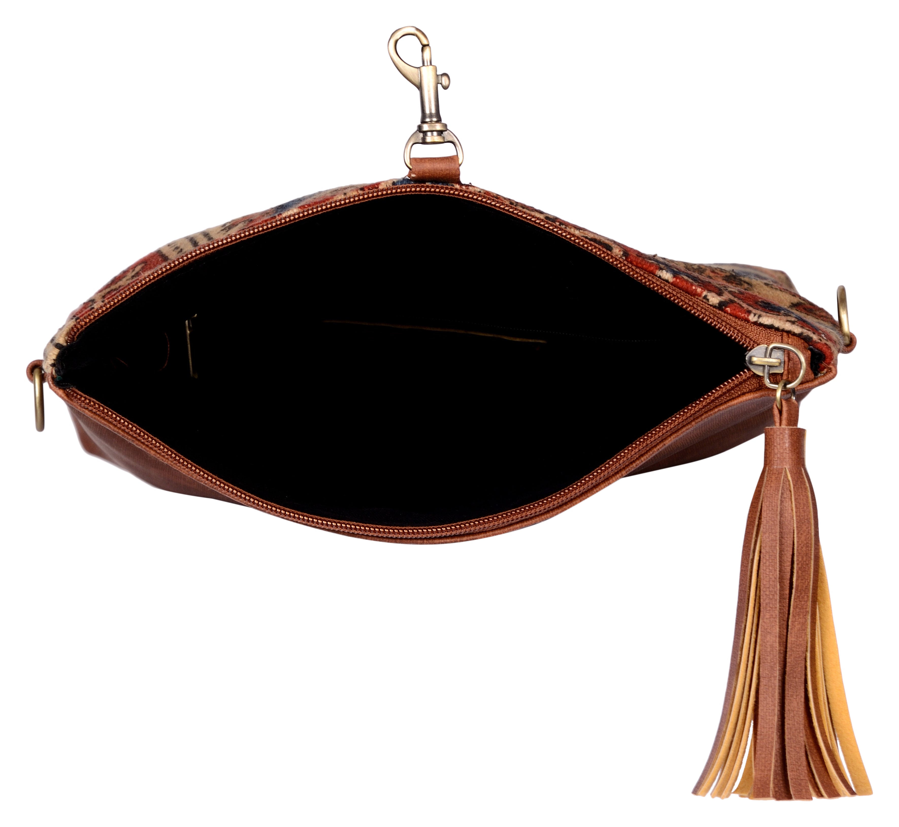 Kalamkari Kilim and Vegan Leather Foldover Clutch cum Sling Bag