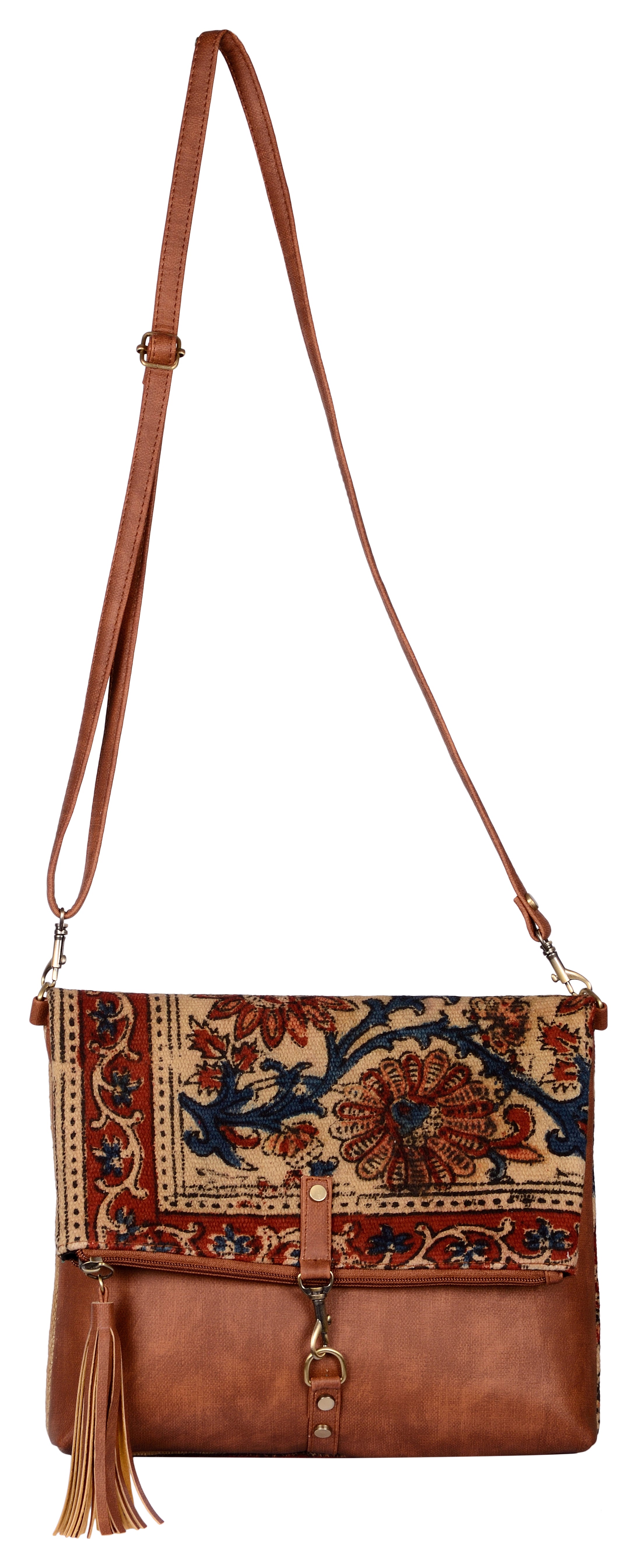 Kalamkari Kilim and Vegan Leather Foldover Clutch cum Sling Bag