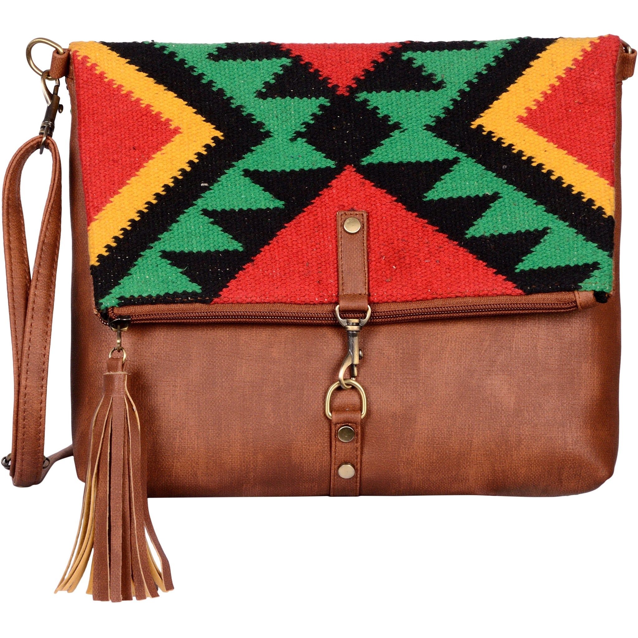 Warangal Kilim and Vegan Leather Foldover Clutch cum Sling Bag