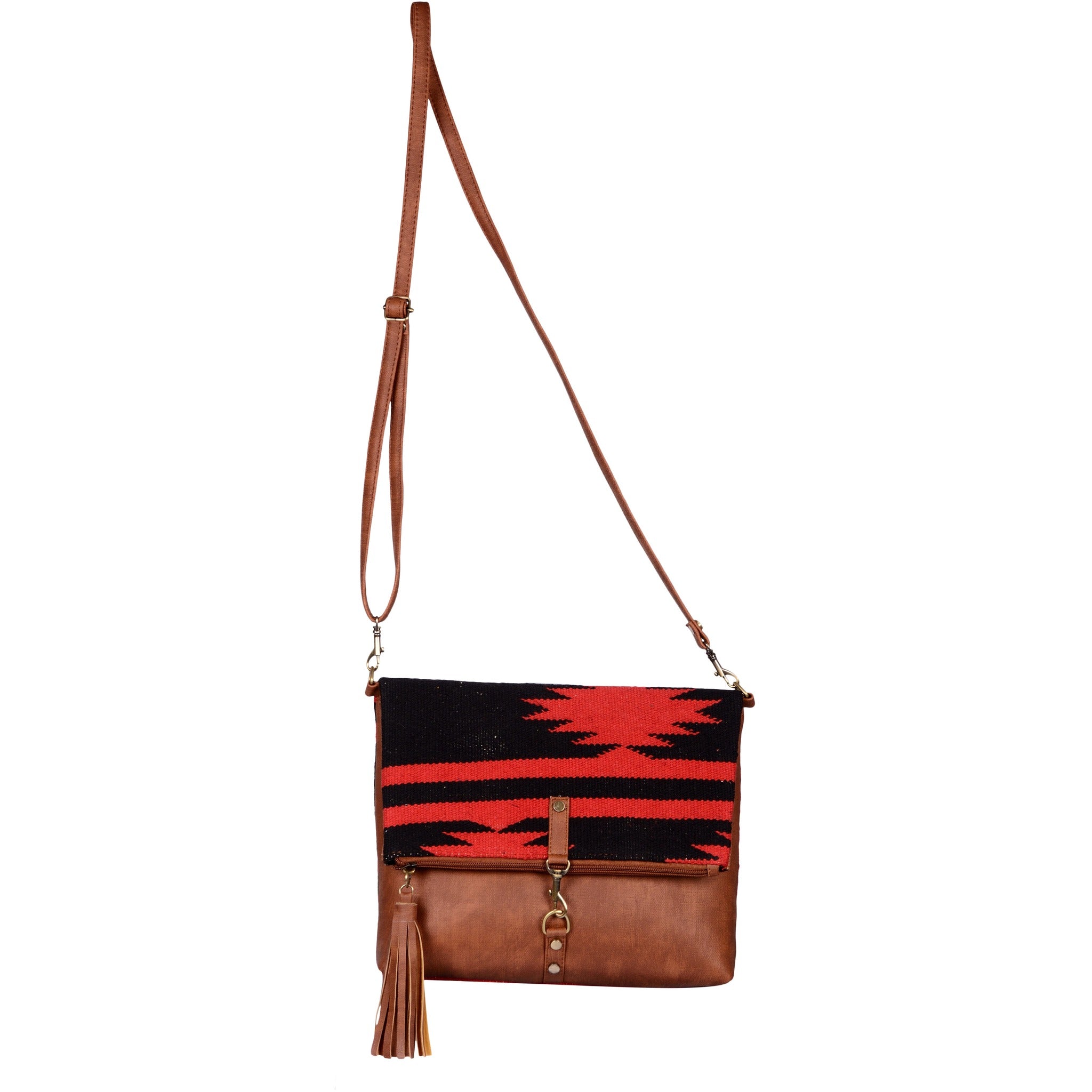 Warangal Kilim and Vegan Leather Foldover Clutch cum Sling Bag