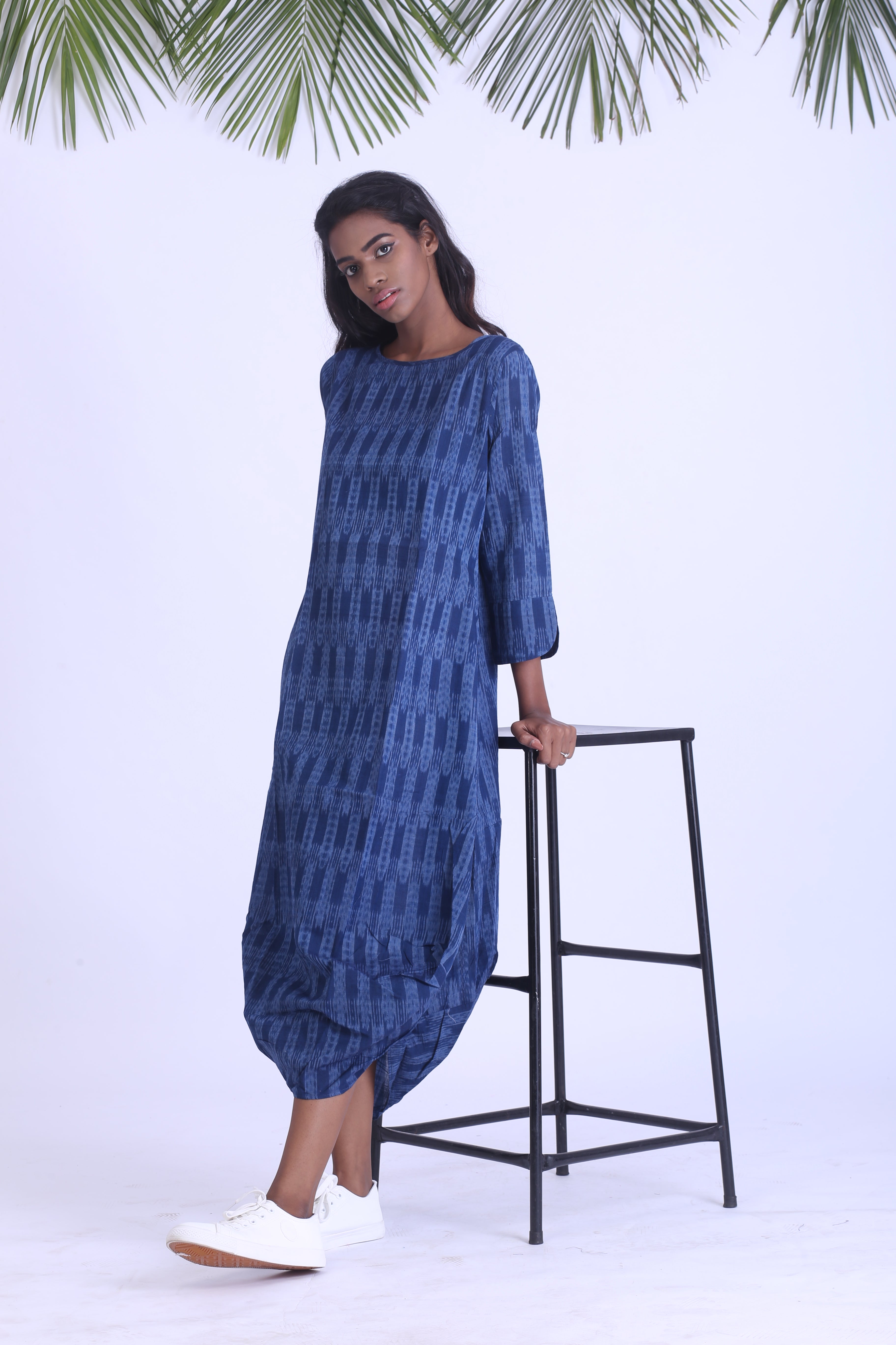 Blue handwoven ikat cowl dress