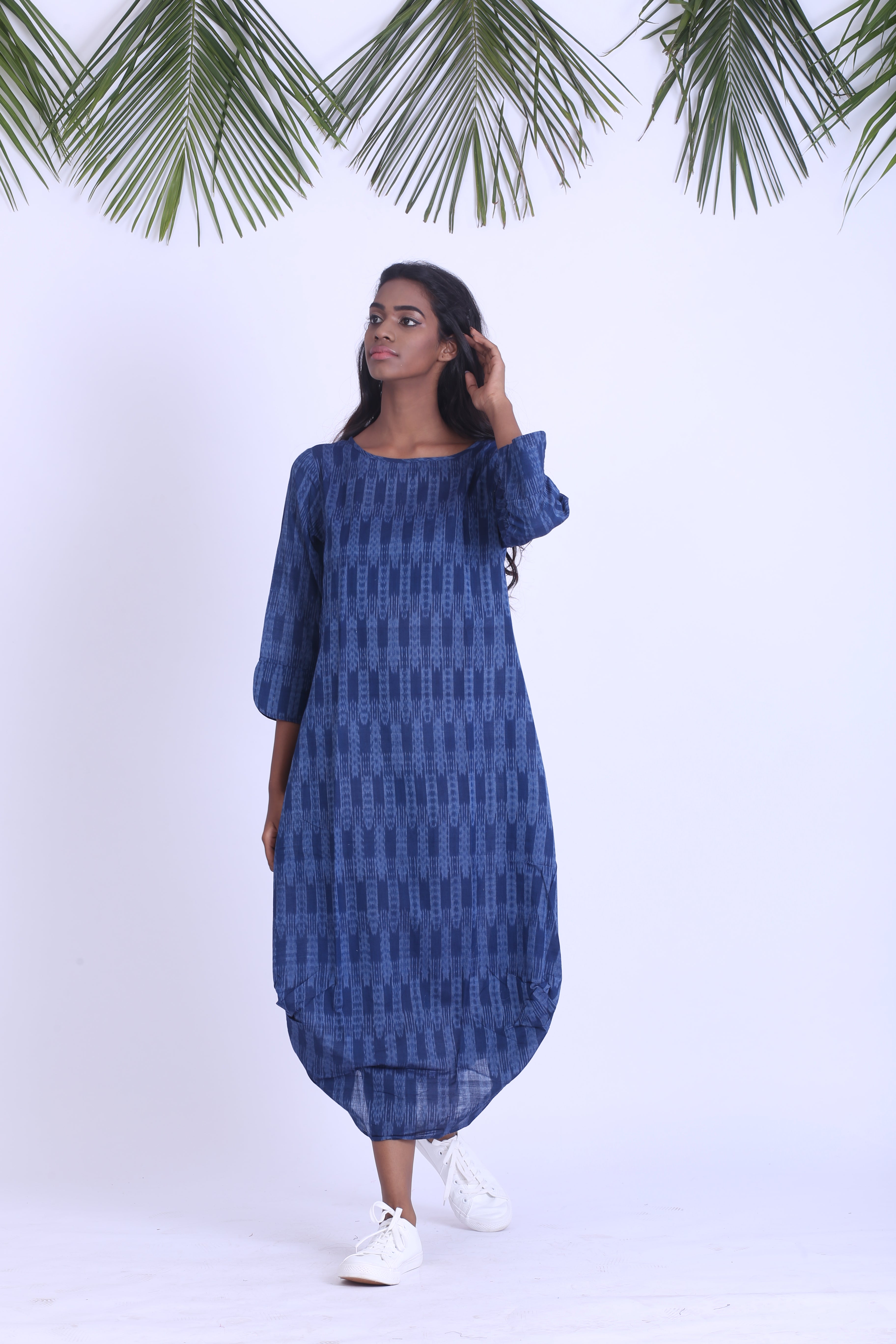 Blue handwoven ikat cowl dress