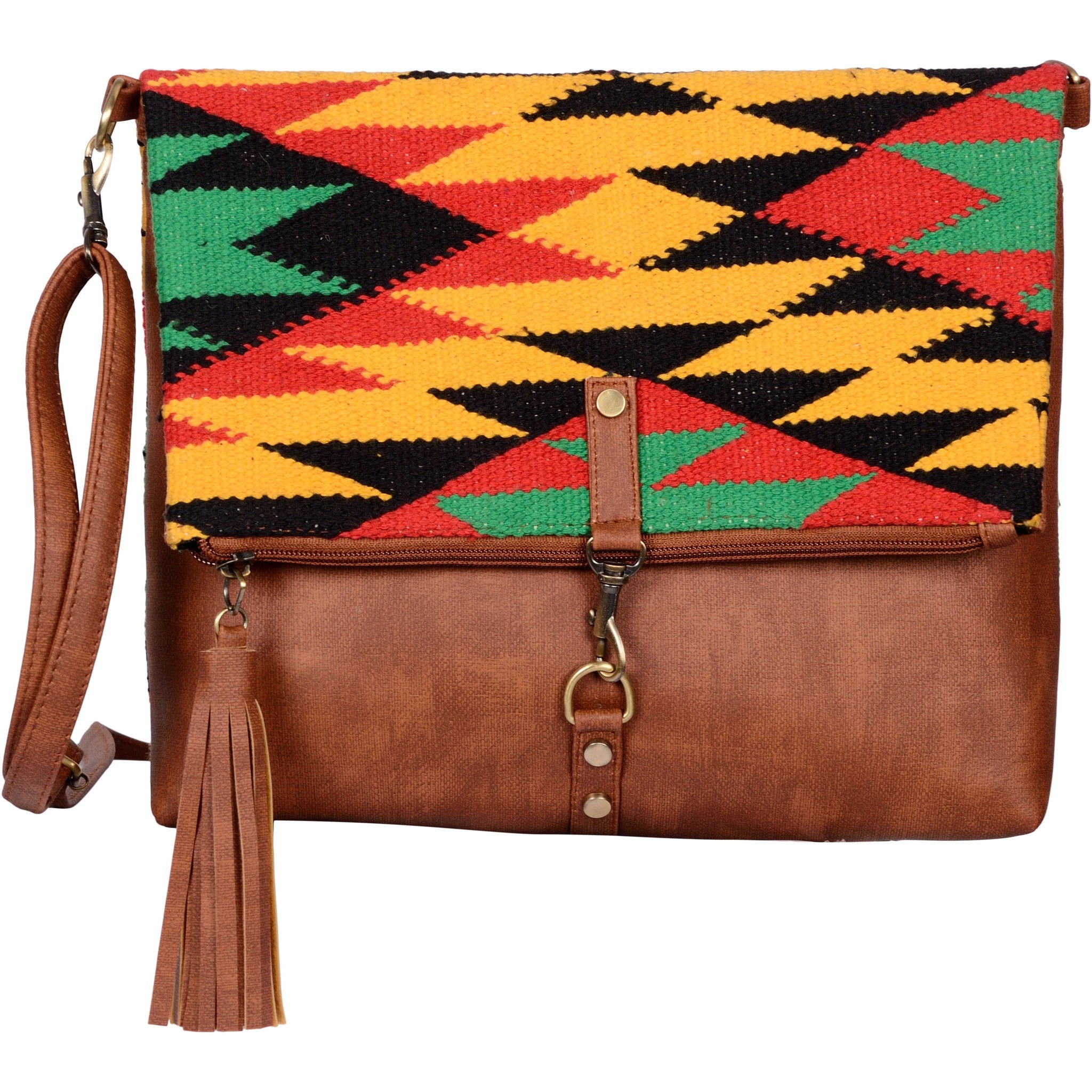 Warangal Kilim and Vegan Leather Foldover Clutch cum Sling Bag