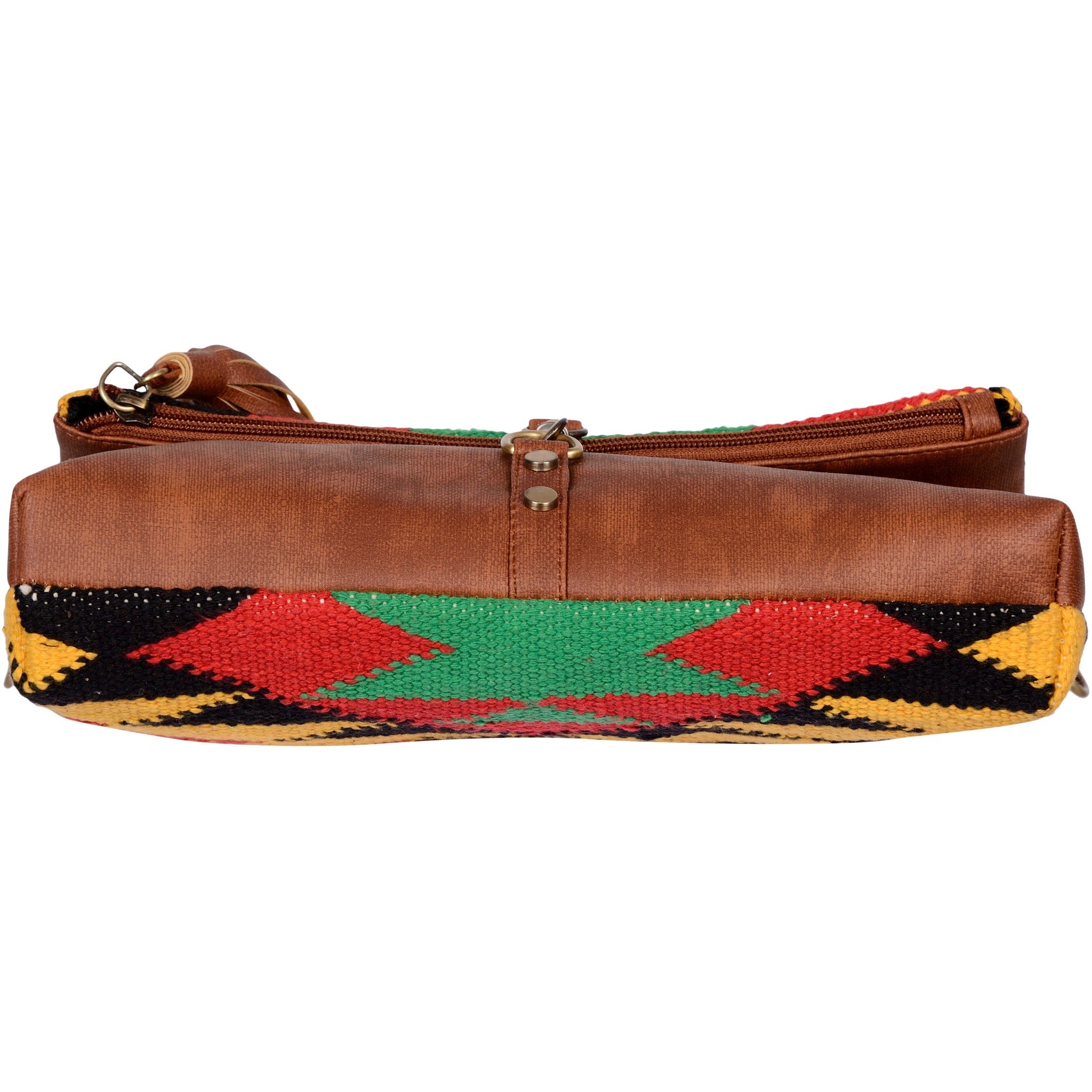 Warangal Kilim and Vegan Leather Foldover Clutch cum Sling Bag