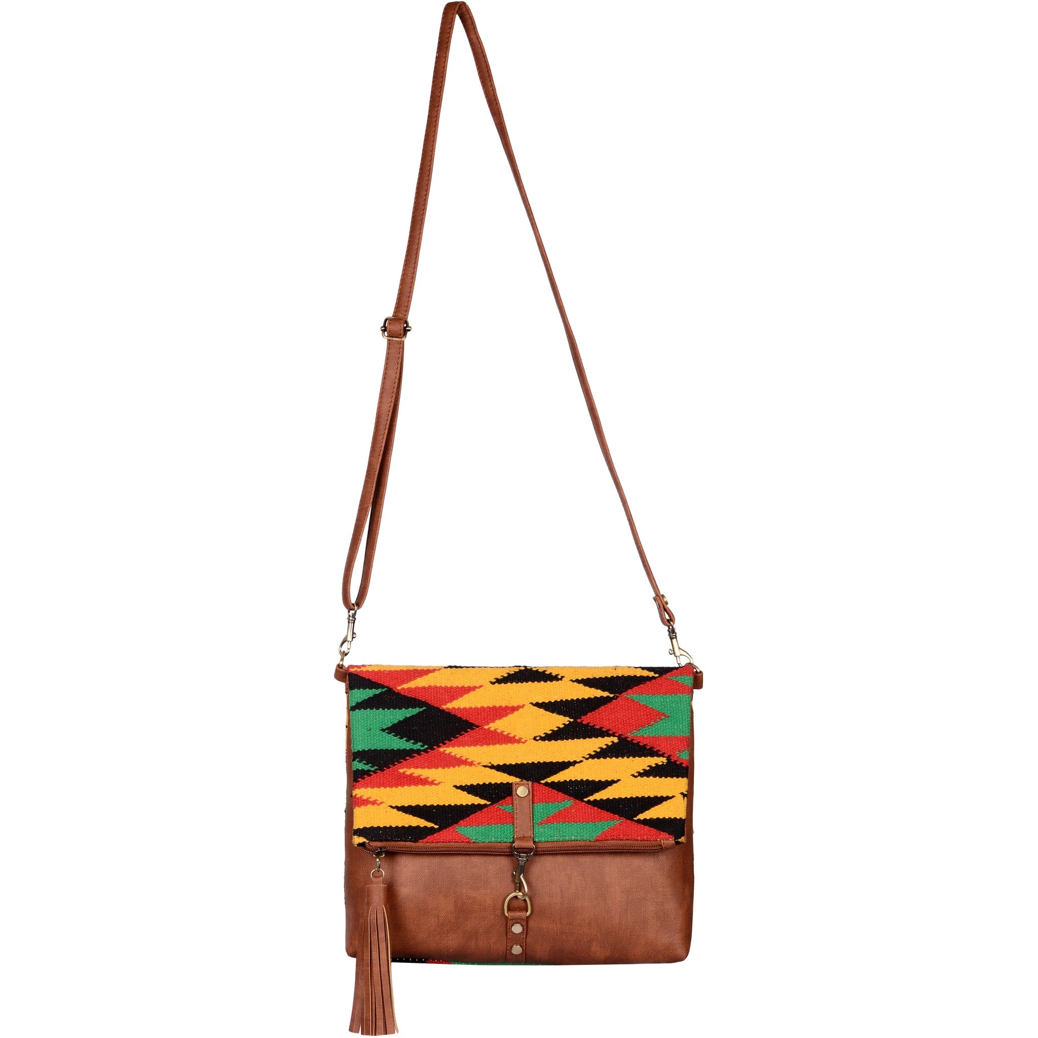 Warangal Kilim and Vegan Leather Foldover Clutch cum Sling Bag