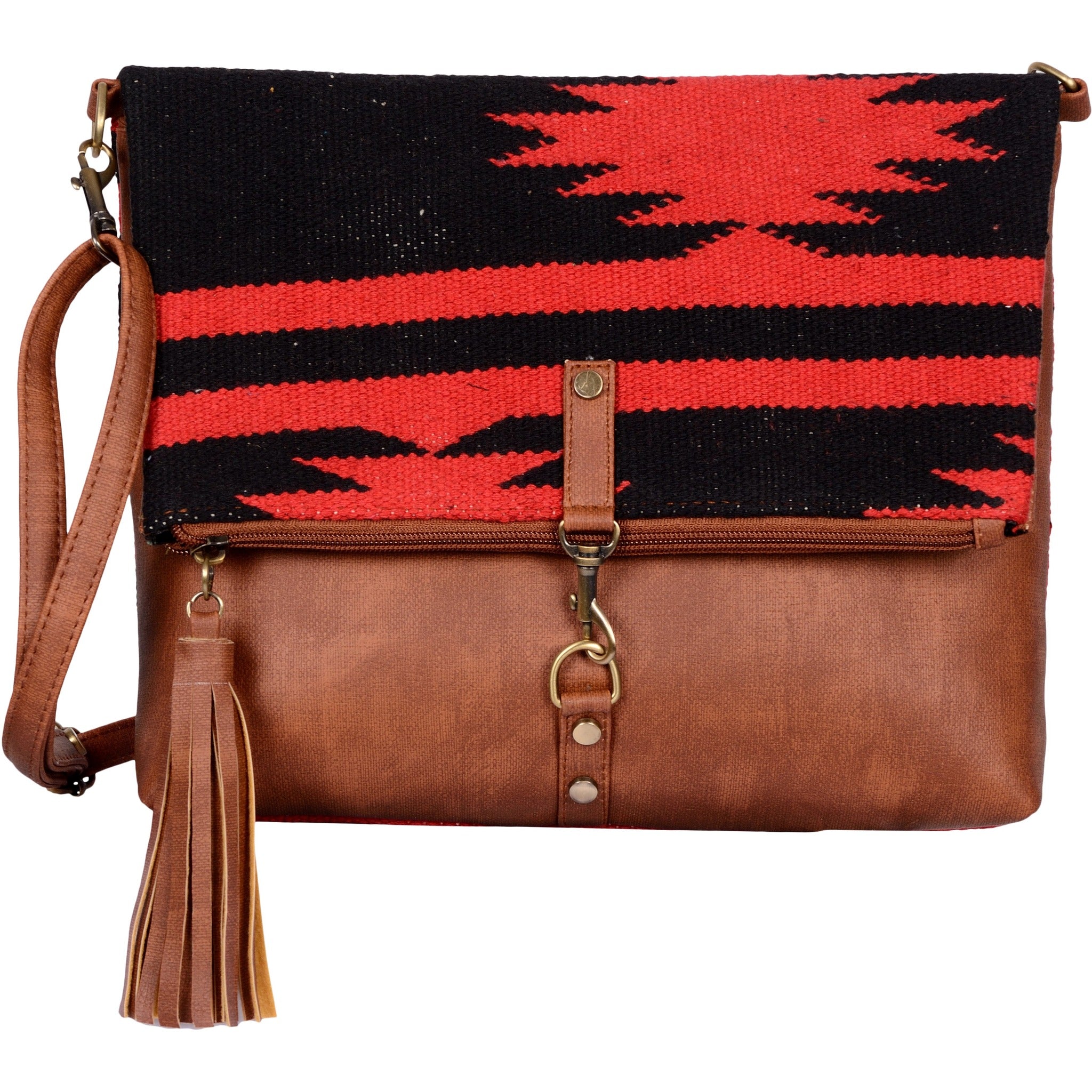 Warangal Kilim and Vegan Leather Foldover Clutch cum Sling Bag