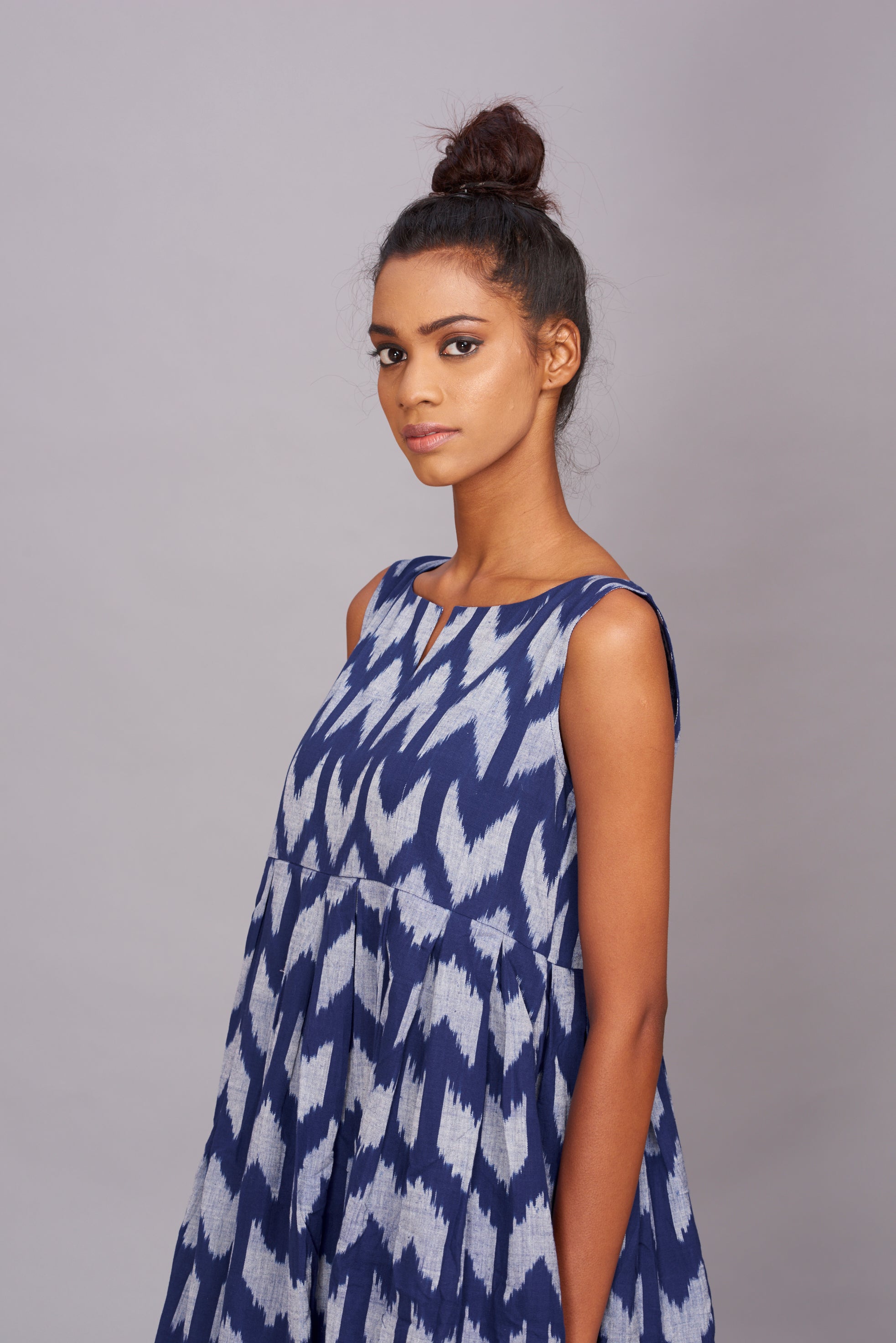 Buy handwoven Indian fabric ikat blue pleated dress from Kalamargam